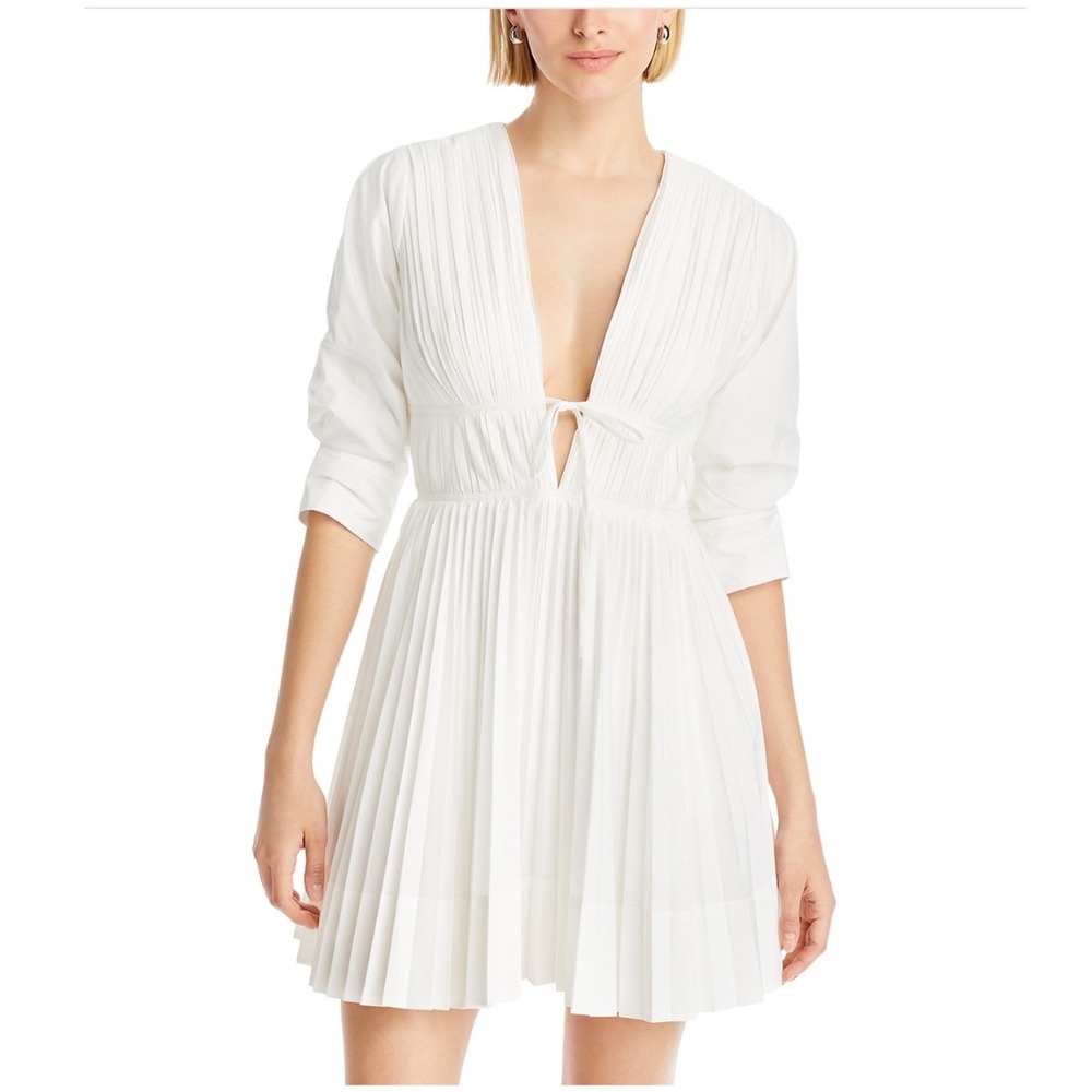 Simkhai Steph Mini Dress White Pleated Plunging V-Neck Puff Sleeve Size 0 NEW‎